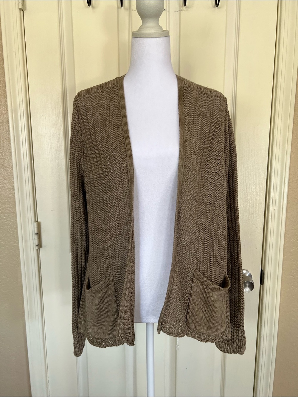 Lafayette 148 Minimalist Linen Blend Open Front Cardigan Taupe Large
